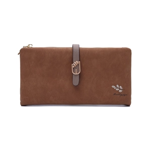 Elegante portafoglio lungo da donna marrone scuro con ricamo a foglia e zip dorata