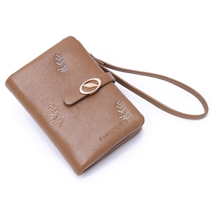Brown faux leather short wallet for women with leaf embroidery and metal buckle