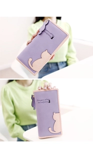 Detail of lavender long wallet with cat motif and delicate pink piping craftsmanship