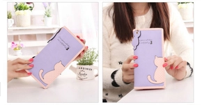 Detail of lavender long wallet with cat motif embroidery and cat-shaped zipper puller
