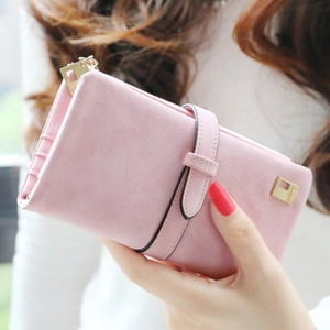 Pink long wallet for women featuring matte finish with elegant gold metal buckle detail