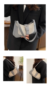 Sac sous le bras rétro en toile beige et simili cuir gris porté par un mannequin chic
