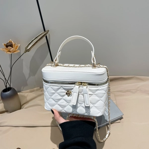 Mini Vanity Case Bag Women Quilted PU Leather Lattice Pattern Gold Camellia Flower Chain Strap Crossbody Shoulder Handbag