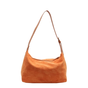 Minimalist matte suede tote bag in caramel with adjustable leather shoulder strap