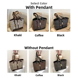 Detailed comparison of contrast color plaid tote bags in khaki, brown and black finishes