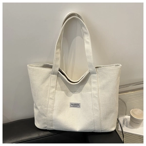 Große Kapazität Cord Tragetasche Für Damen Reißverschluss Buchstaben Label Längsstreifen Casual Schultertasche Reise Schule