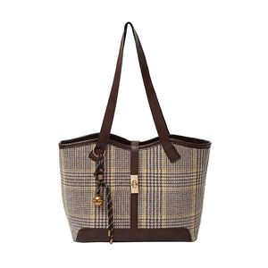 Retro contrast leather and plaid tote bag with gold metal lock and bell charm detail