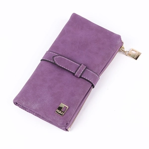 Detail of purple matte leather long wallet for women featuring metal logo and zipper