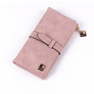 Close-up of frosted pink long wallet featuring a gold metal zipper and Friend plaque
