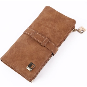 Close-up of matte brown long wallet featuring contrast stitching and golden friend hardware