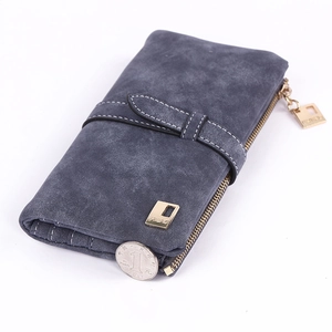 Close-up of matte gray-blue long wallet featuring golden metal zipper and Friend buckle