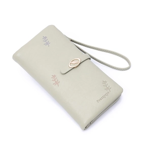 Portefeuille long en cuir PU vert pour femme avec broderie de feuilles et dragonne