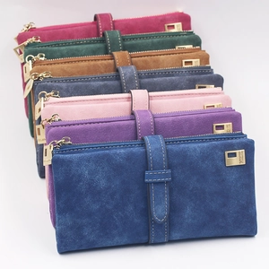 Frosted leather long wallets for women with gold zippers and strap in multiple colors