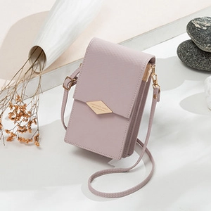 Detail of lavender PU leather crossbody bag with golden metal buckle and fine cross grain