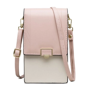 Pink and beige two-tone small crossbody phone bag with gold metal buckle and strap