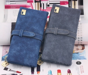 Detail of vintage matte long wallets in blue colors showing texture and metal hardware