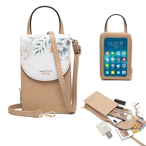 Detail of apricot crossbody phone bag with floral flap and clear touch screen window
