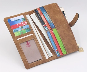 Detail view of large capacity dark brown wallet with 11 card slots and zipper pocket