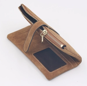 Internal layout of brown frosted leather long wallet showing card slots and ID window