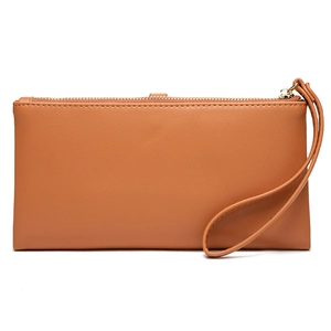 Portefeuille long en cuir PU marron avec fermeture éclair et dragonne pour femme chic