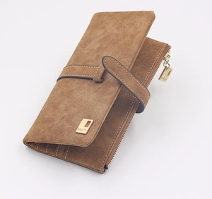 Detail view of brown matte long wallet showing multiple card slots and gold zipper pocket