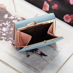 Light blue and pink leather trifold wallet with vintage gold kiss-lock closure and card slots
