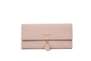 Detail of leaf pendant and decorative stitching on long PU leather tri-fold wallet