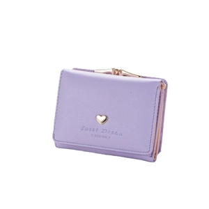 Minimalist lavender faux leather tri-fold wallet for women with golden heart charm
