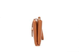 Vue latérale du portefeuille long en similicuir marron avec structure en accordéon