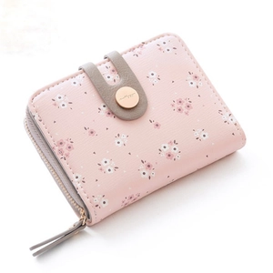 Portafoglio corto da donna in pelle PU rosa con motivo floreale e zip di chiusura