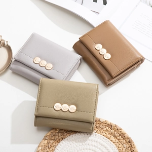 Three-fold PU leather women's short wallets in gray, green, and coffee with leaf metal buckles