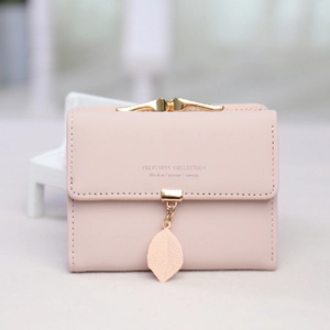 Women Short Trifold Wallet PU Leather Coin Purse With Metal Leaf Charm Urban Minimalist Lady Card Holder Clutch Purse