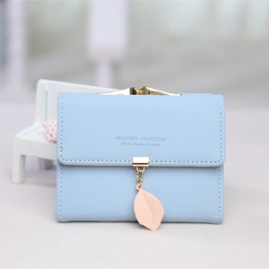 Light blue short tri-fold PU leather wallet for women with golden leaf pendant
