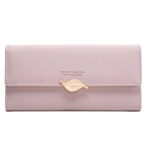 Detailed close-up of light purple PU leather wallet featuring a gold leaf metal clasp and logo