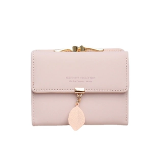 Pink PU leather short wallet with a gold leaf pendant and metal snap closure