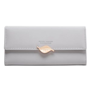 Detail of grey PU leather long wallet with leaf pendant and precision stitching