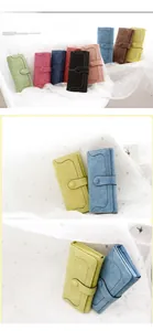 Vertical collage showing long PU leather wallets in nine matte colors with wavy stitching