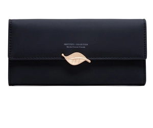 Macro detail of navy PU leather wallet featuring a gold leaf metal buckle and stitching