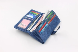 Internal layout of blue long wallet showing 11 card slots and ID window compartments