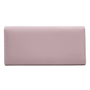 Close-up of pink PU leather long wallet with detailed vertical stitching on both sides