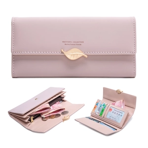 Internal structure of pink long wallet showing card slots and gold leaf charm zipper