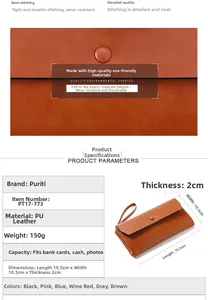 Detailed size specifications and texture close-up of the long PU leather leaf wallet