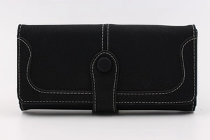 Front view of black pebble leather long wallet featuring contrast white stitching detail