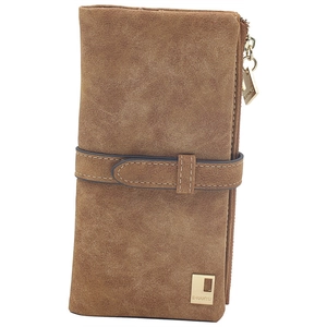 Brown frosted leather long wallet for women with decorative strap and gold zipper detail