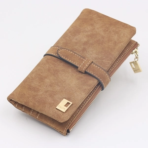 Brown frosted leather long wallet with gold buckle and zipper for women on white background