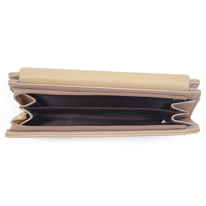 Beige faux leather long wallet for women with multi-card slots and inner zipper pocket