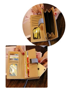 Detail view of women long wallet featuring multiple card slots and smartphone storage