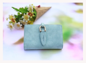 Detail of mint green frosted wallet with gold U-shaped buckle and prettyzy logo