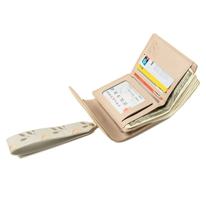 Cream PU leather short wallet featuring floral wristlet and multi-card slot interior