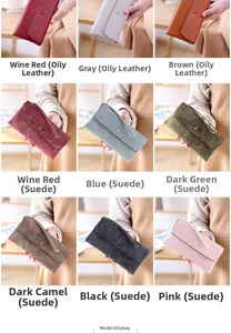 Detailed grid of long women's wallets in oil wax and matte leather with wrist straps